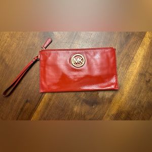 Michael Kors Fulton Large Zip Clutch Wristlet Red Paten Leather